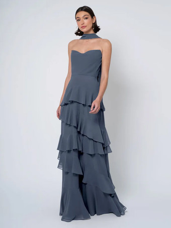 嵐のブライズメイドドレス ボールガウン フロアレングス バックレス シフォン ウェディング パーティードレス