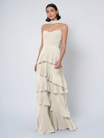 シャンパンブライズメイドドレス ボールガウン フロアレングス バックレス シフォン ウェディング パーティードレス