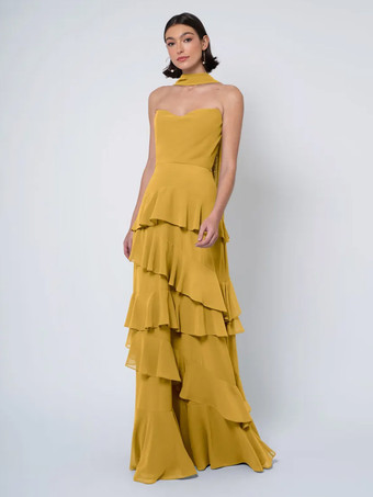 イエローブライズメイドドレス ボールガウン フロアレングス バックレス シフォン ウェディング パーティードレス