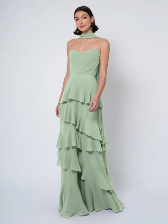 セージグリーンブライズメイドドレス ボールガウン フロアレングス バックレス シフォン ウェディング パーティードレス