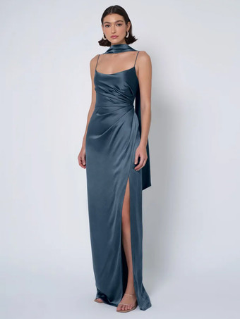 インクブルーブライズメイドドレス サテン生地 ボールガウン フロアレングス ウェディング パーティードレス