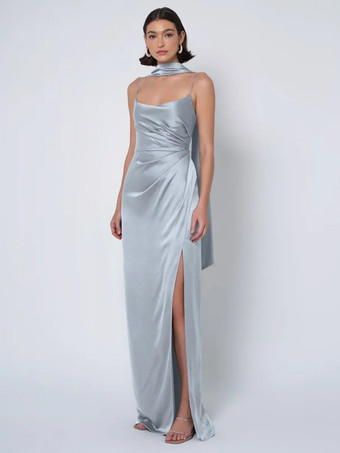 ベビーブルーブライズメイドドレス サテン生地 ボールガウン フロアレングス ウェディング パーティードレス