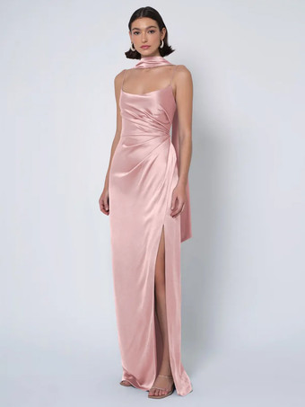 ピンクブライズメイドドレス サテン生地 ボールガウン フロアレングス ウェディング パーティードレス