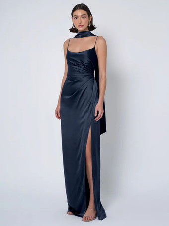 ダークネイビーブライズメイドドレス サテン生地 ボールガウン フロアレングス ウェディング パーティードレス