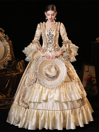 シャンパンレトロコスチューム リボン ポリエステル マリーアントワネットコスチュームドレス レディース ロココスタイル 18世紀コスチューム