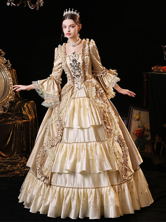 シャンパンレトロコスチューム リボン ポリエステル マリーアントワネットコスチュームドレス レディース ロココスタイル 18世紀コスチューム