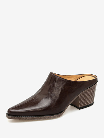 ディープブラウンレディース ブラック クロッグ ポインテッドトゥ チャンキーヒール ミュール