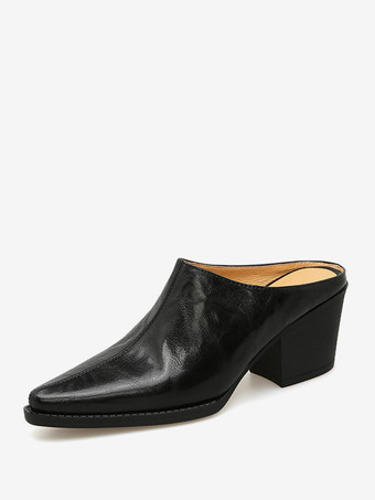 ブラック レディース ブラック クロッグ ポインテッドトゥ チャンキーヒール ミュール