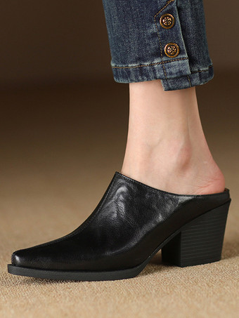 レディース ブラック クロッグ ポインテッドトゥ チャンキーヒール ミュール