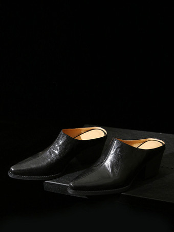 レディース ブラック クロッグ ポインテッドトゥ チャンキーヒール ミュール