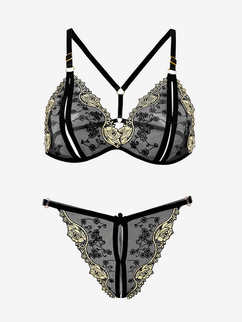 ブラクロッチレスパンティセット ブラック刺繍カラーブロック2ピースセクシーランジェリー