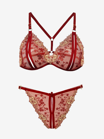 ワインレッド ブラクロッチレスパンティセット ブラック刺繍カラーブロック2ピースセクシーランジェリー