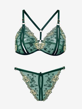 ダークグリーンブラクロッチレスパンティセット ブラック刺繍カラーブロック2ピースセクシーランジェリー