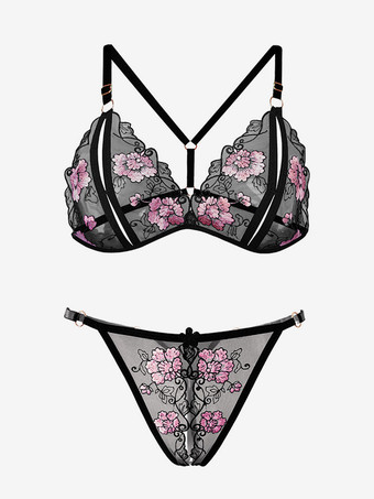 ブラクロッチレスパンティセット ブラック刺繍カラーブロック2ピースセクシーランジェリー