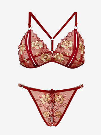 ブラクロッチレスパンティセット ブラック刺繍カラーブロック2ピースセクシーランジェリー