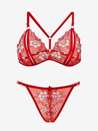 レッド ブラクロッチレスパンティセット ブラック刺繍カラーブロック2ピースセクシーランジェリー