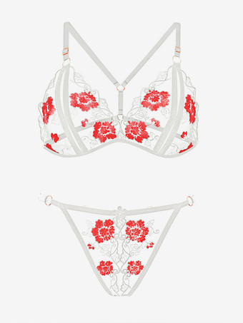 ホワイト ブラクロッチレスパンティセット ブラック刺繍カラーブロック2ピースセクシーランジェリー