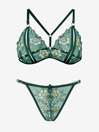 ダークグリーンブラクロッチレスパンティセット ブラック刺繍カラーブロック2ピースセクシーランジェリー