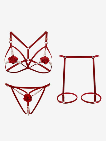 ワインレッド クロッチレス ブラジャー パンティ セット レッド フラワー 3ピース オープンカップ セクシー ランジェリー