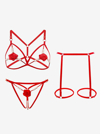 クロッチレス ブラジャー パンティ セット レッド フラワー 3ピース オープンカップ セクシー ランジェリー