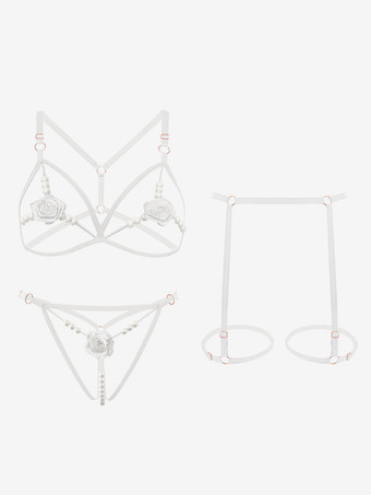 ホワイト クロッチレス ブラジャー パンティ セット レッド フラワー 3ピース オープンカップ セクシー ランジェリー