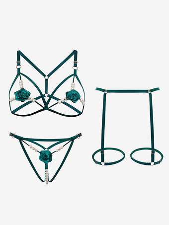 ダークグリーンクロッチレス ブラジャー パンティ セット レッド フラワー 3ピース オープンカップ セクシー ランジェリー