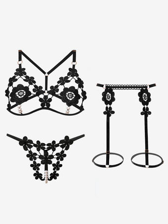 クロッチレス オープンカップブラジャーパンティセット ホワイト スタッズ 3ピース レース フラワー セクシー ランジェリー