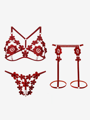 ワインレッド クロッチレス オープンカップブラジャーパンティセット ホワイト スタッズ 3ピース レース フラワー セクシー ランジェリー