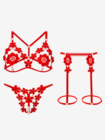 クロッチレス オープンカップブラジャーパンティセット ホワイト スタッズ 3ピース レース フラワー セクシー ランジェリー