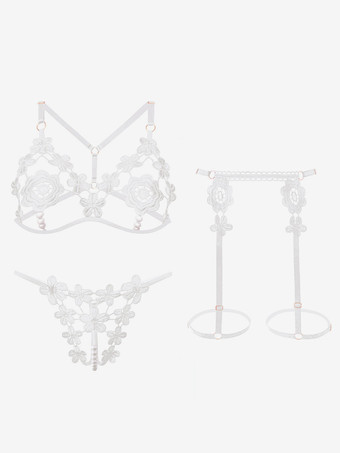 クロッチレス オープンカップブラジャーパンティセット ホワイト スタッズ 3ピース レース フラワー セクシー ランジェリー