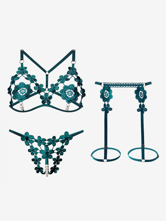 ダークグリーンクロッチレス オープンカップブラジャーパンティセット ホワイト スタッズ 3ピース レース フラワー セクシー ランジェリー