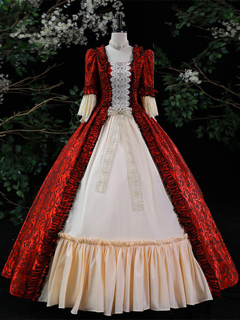 ワインレッド パープルレトロコスチュームレディースフリルマリーアントワネットコスチュームポリエステルドレスロココスタイル18世紀コスチューム バーガンディ