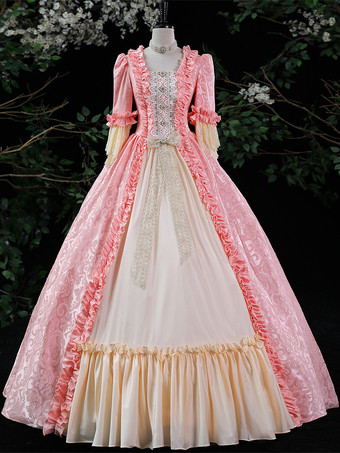 ピンクパープルレトロコスチュームレディースフリルマリーアントワネットコスチュームポリエステルドレスロココスタイル18世紀コスチューム バーガンディ