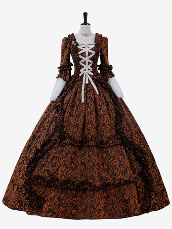 ブラウン パープルレトロコスチュームレディースフリルマリーアントワネットコスチュームポリエステルドレスロココスタイル18世紀コスチューム バーガンディ