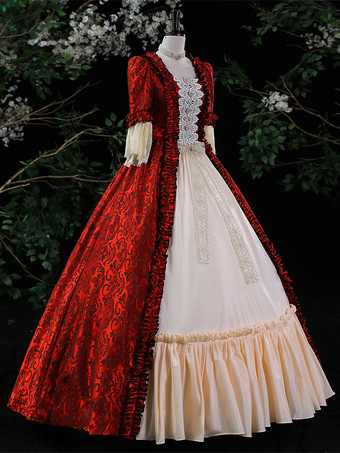 パープルレトロコスチュームレディースフリルマリーアントワネットコスチュームポリエステルドレスロココスタイル18世紀コスチューム バーガンディ