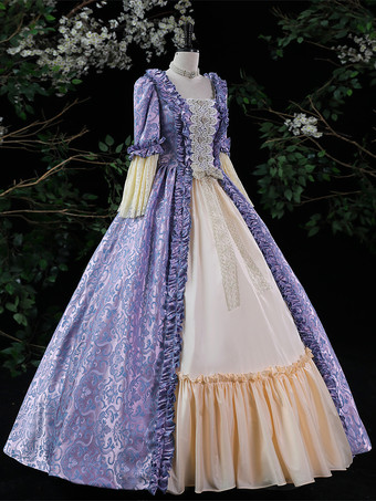 パープルレトロコスチュームレディースフリルマリーアントワネットコスチュームポリエステルドレスロココスタイル18世紀コスチューム バーガンディ