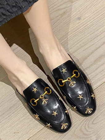 negro Mujer Detalles metálicos Slip-On Chanclas planas Cuero de PU Negro