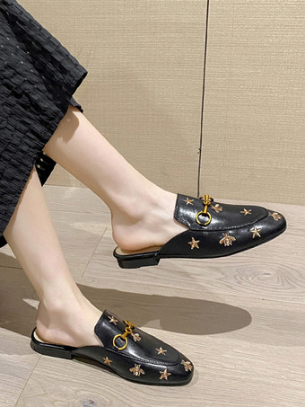 Mujer Detalles metálicos Slip-On Chanclas planas Cuero de PU Negro