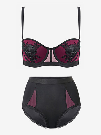 ワインレッド ブラジャー パンティ セット 肌触りの良い刺繍 2ピース ツートン ハイウエスト ランジェリー