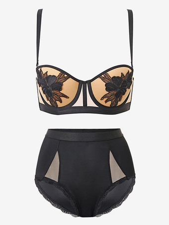 ブラジャー パンティ セット 肌触りの良い刺繍 2ピース ツートン ハイウエスト ランジェリー