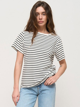 半袖Tシャツ ホワイト ツートンストライプ オーバーサイズ ジュエルネック Tシャツ レディース