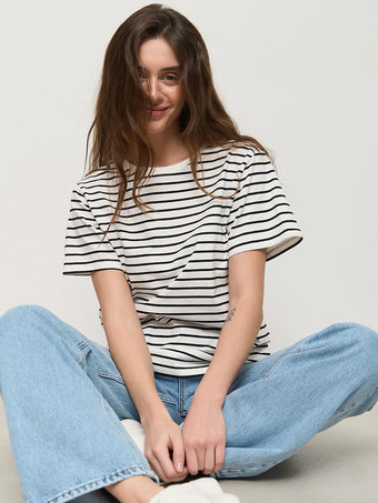 半袖Tシャツ ホワイト ツートンストライプ オーバーサイズ ジュエルネック Tシャツ レディース