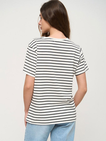 半袖Tシャツ ホワイト ツートンストライプ オーバーサイズ ジュエルネック Tシャツ レディース