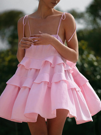 サマードレス ミニドレス ホワイト ストラップ ネック フリル コットン ビーチドレス