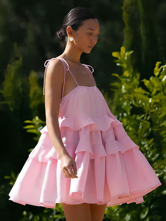 ピンクサマードレス ミニドレス ホワイト ストラップ ネック フリル コットン ビーチドレス