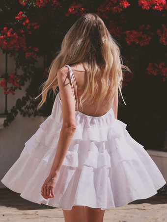 サマードレス ミニドレス ホワイト ストラップ ネック フリル コットン ビーチドレス