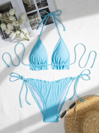 レディース ビキニ水着 ライトスカイブルー レースアップ 結び目 ウエスト上げ 夏 ビーチ 水着