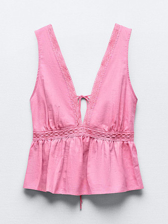 ピンクのキャミソールトップ Vネック カットアウト レースアップ シック ノット ポリエステル レディース キャミソール