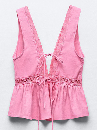 ピンクのキャミソールトップ Vネック カットアウト レースアップ シック ノット ポリエステル レディース キャミソール