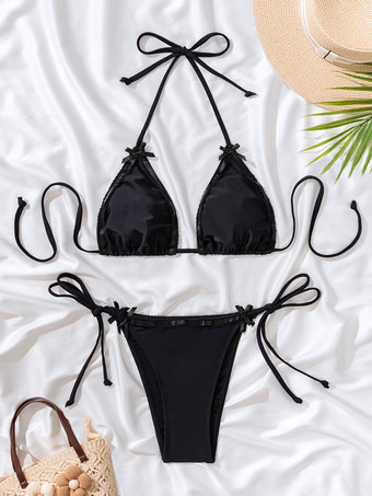 レディース ビキニ水着 ブラック レースアップ 結び目 ウエスト上げ 夏 セクシー 水着